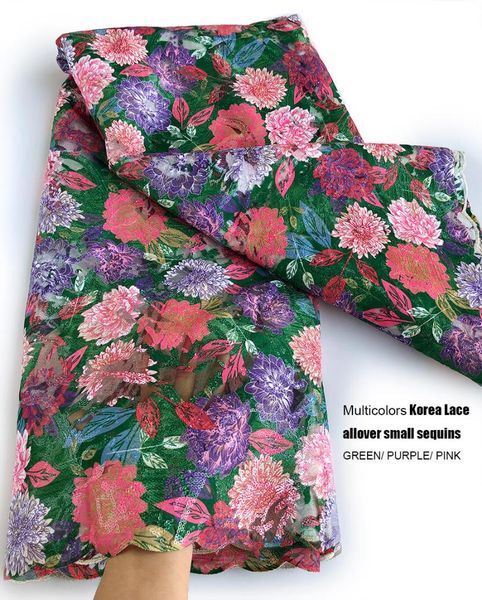 

5 yards multicolors french lace korea fabric with allover small sequins 2020 floral african tulle mesh lace fabric wedding cloth, Pink;blue