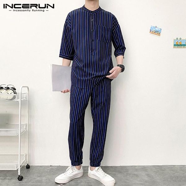 

men fashion striped sets men summer comfortable suits half sleeve round neck shirts casual pants 2 pieces streetwear 5xl incerun1, Gray