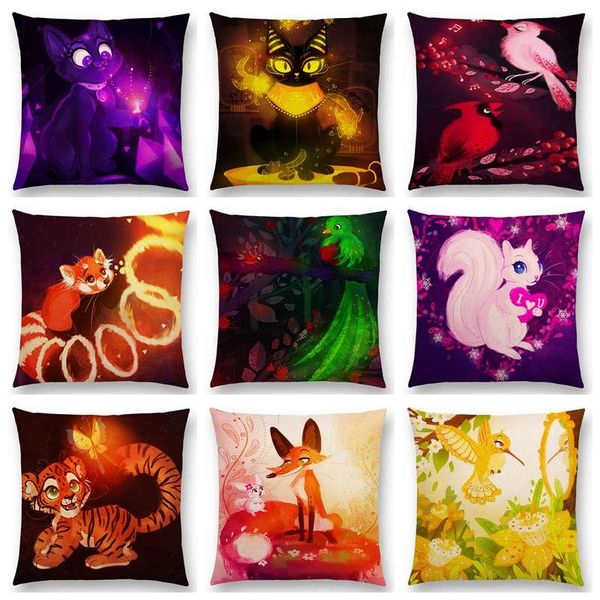 

cute cartoon animals amethyst kitty raccoon squirrel tiger quetzal cat bird sapphire cushion cover sofa throw pillow case