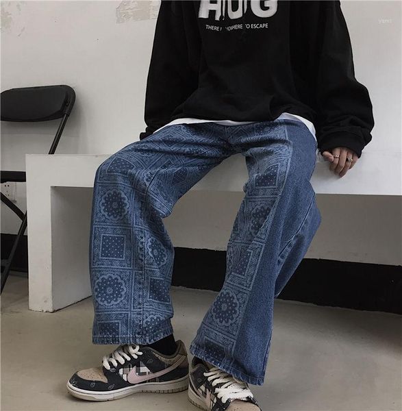 

2020 autumn and winter new youth popular men's loose personality cashew print jeans fashion casual straight-leg pants -xl1, Blue