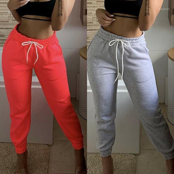 

2020 women high waist sport long pant running gym stretch trousers casual drawstring joggers sweatpants cotton pant 3 colors new1, Black;white