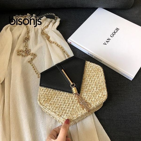

bisonjs 2020 hexagon mulit style straw+leather handbag women summer rattan bag handmade woven beach circle bohemia shoulder bag