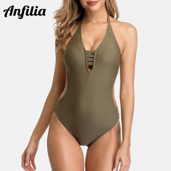 

anfilia women one-piece swimsuit deep v bikini strappy backless swimwear bandaged cutout monokini halter neck beachwear1, White;black