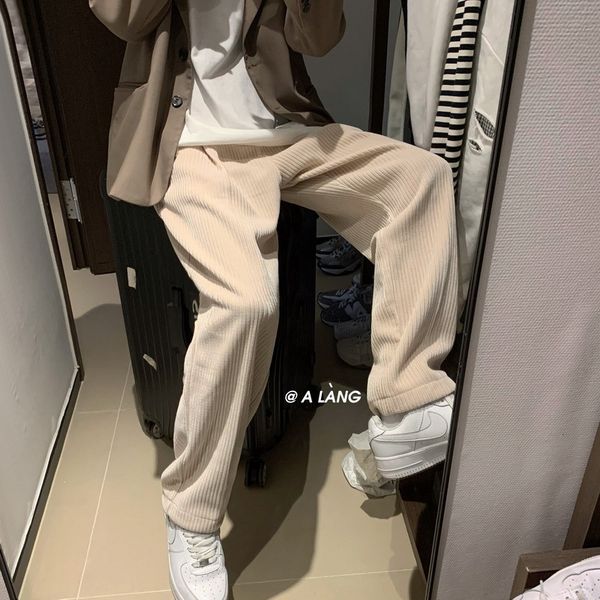 

khaki corduroy wide leg men's high street ancient casual loose ulzzang pants, Black