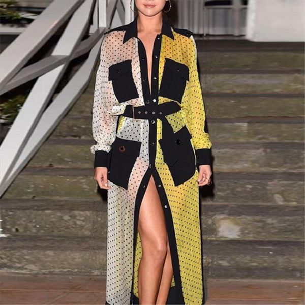 

женщины длинных рубашек платье желтых белый лоскутный горошек с карманой пояса шифоновой осенью женского одеяния туника плюс размер xl, Black;gray