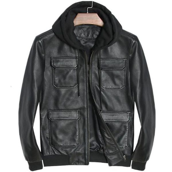 

genuine leather jacket hoodie motorcycle real sheepskin for men vintage winter spring hooded casual black slim fit coats top