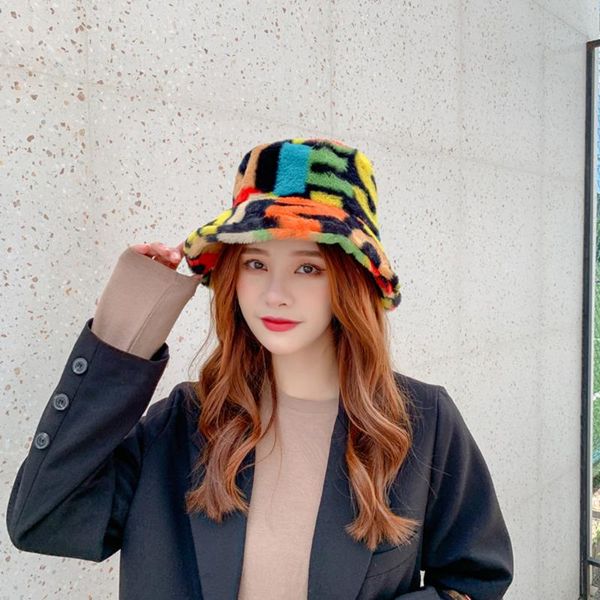 

new outdoor multicolor rainbow faux fur letter pattern bucket hats women winter soft warm cap, Blue;gray