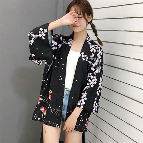 

harajuku cartoon print kimono summer women cardigan causal female blouse shirt loose outerwear drop shipping good quality, White