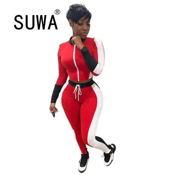 

classic red white striped patchwork tracksuit women two piece outfits long sleeve tunic + high waist pants sweatpants, Gray
