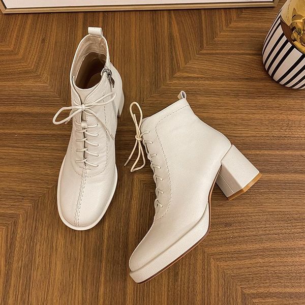 

boots women cow leather thick high heel short lace up square toe shoes real ankle lady autumn size 41 42 43, Black