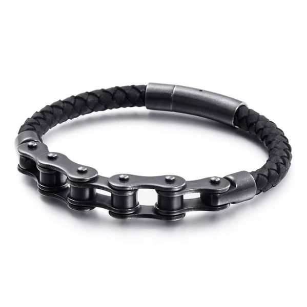 

vintage punk mechanical style black metal bike chain bracelets leather braided men rock party jewelry