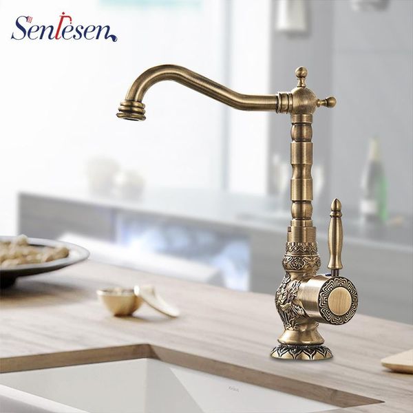 

senlesen antique brass bathroom basin carved faucet europe style para sink tap 360 rotation single handle mixer tap torneiras