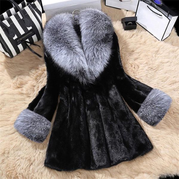 

women winter warm solid long section of imitation mink coat with cap fur coat manteau femme thick outwear black white, Black;brown