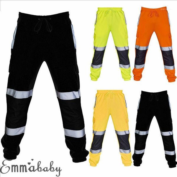 

mens slim fit bottoms skinny jogging joggers sweatpants workout trousers reflective fluorescent stripe safety work clothes1, Black