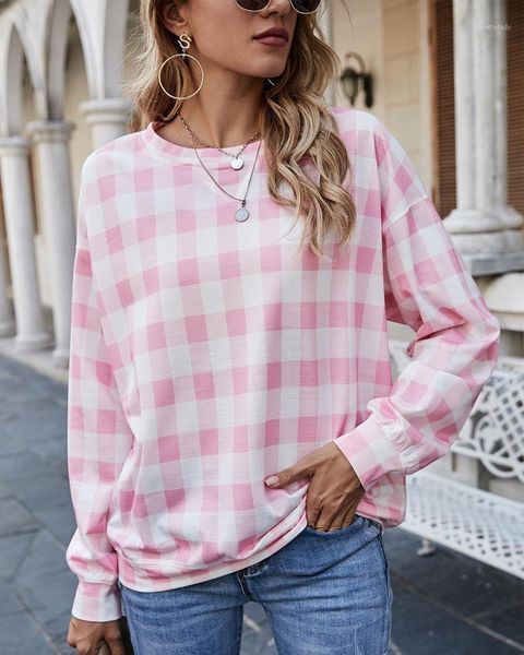 

women's t-shirt 2021 woman est autumn winter loose fashion casual o-neck plaid1, White