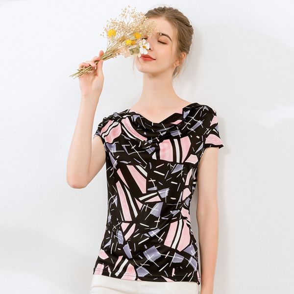 

summer new silk short sleeve women's opcoatt-shirt printed with small sleeve and bottom-up shirt of mulberry silk knitted for mi, White