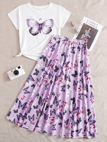

butterfly print round neck tee & skirt c1x1#, White