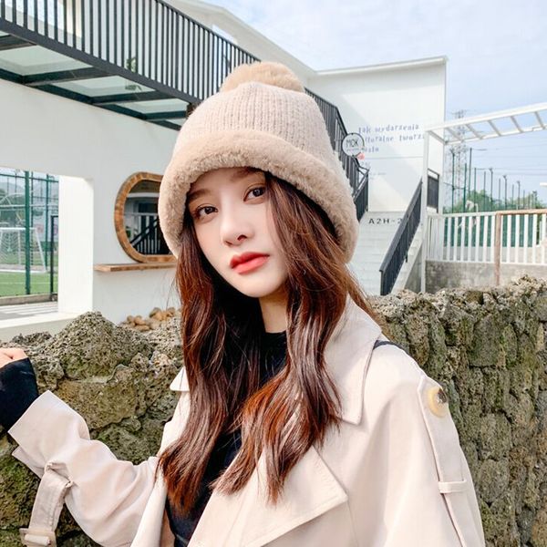 

new autumn winter women fur pompom knitted hat femalerend all-match knitted bucket hat girl thick warm ear protection cap, Blue;gray