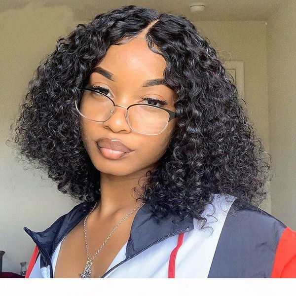 

deep wave 13x4 lace front human hair short bob wigs pre plucked brazilian remy curly frontal natural color wigs, Black