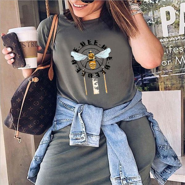 

2020 selling explosive printed dress women's european and american casual summer new heat transfer round neck bee t-shirt size s-5xl, White