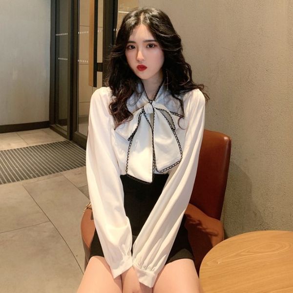

autumn 2020 new lace bow tie loose casual korean long sleeve shirt for women