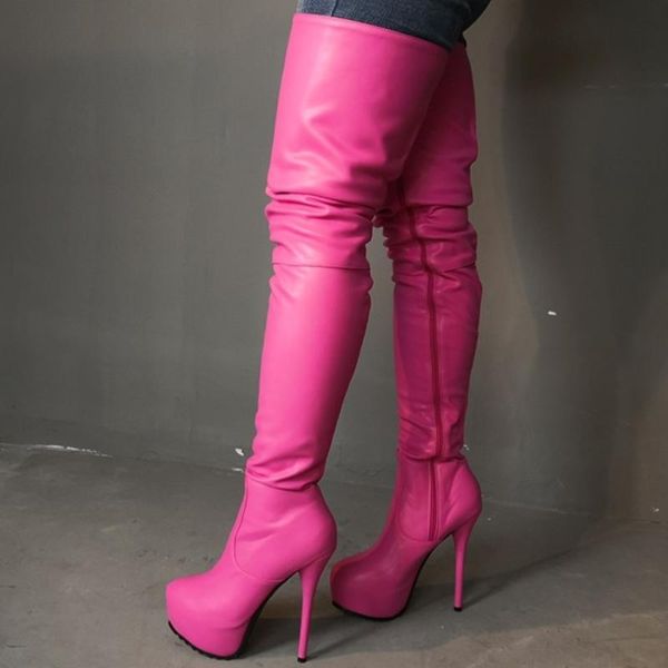 

round toe high platform pu leather winter women thigh high boots pink long boots over knee side zip customized big size 47, Black