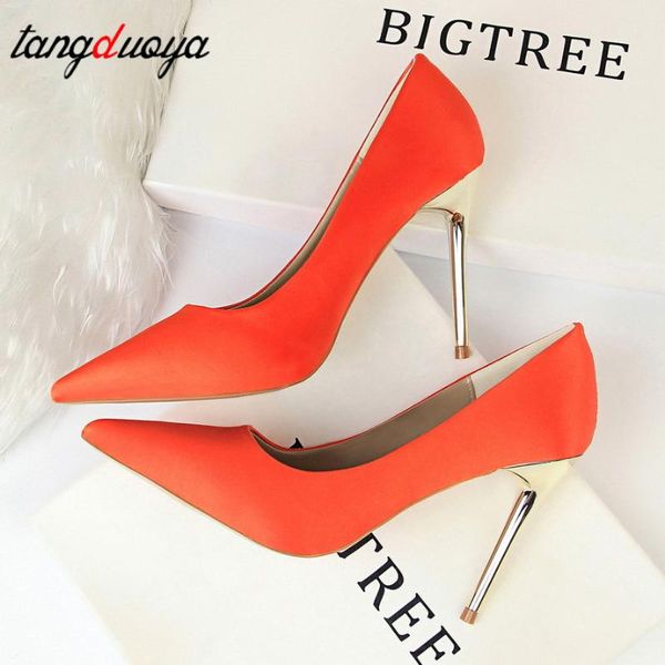 

metal heel shoes women silk thin high pumps satin heeled elegant high heels yellow 34 42 43 pointed fashion ladies shoes, Black