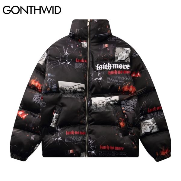 

gonthwid thick warm parkas jackets poster print cotton padded zipper coat hip hop casual streetwear winter harajuku outwear 201201, Black