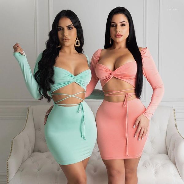 

casual dresses 2021 bandage dress women elegant pink long sleeve hollow out lace up night club party short summer bodycon mini1, Black;gray
