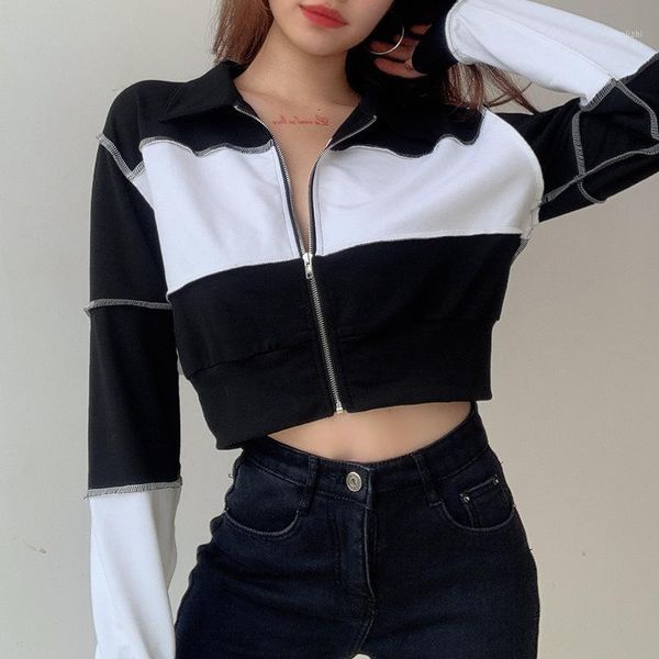

autumn winter new women coat casual color contrast stitching zipper short jacket womens clothing1, Black;brown