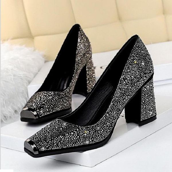

dress shoes european america style fashion party women bling crystal shallow pumps ladies thick high heels square toe 20210509, Black