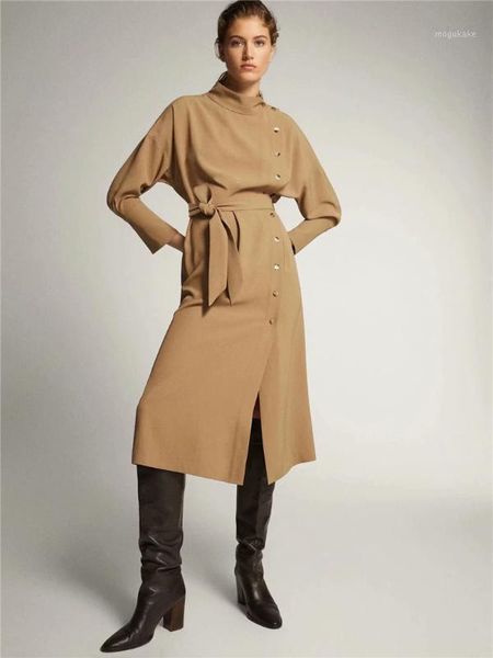 

2020 spring and summer new women dress stand collar long sleeve sashes button solid mid-calf party dress1, Black;gray