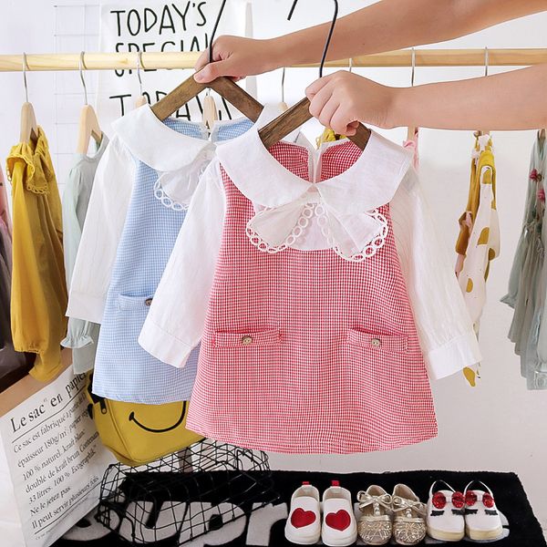 

fashion girls dress kids princess 2020 autumn plaid bowtie children baby infants outfit sweet long sleeve dresses vestido s11047 1027, Red;yellow