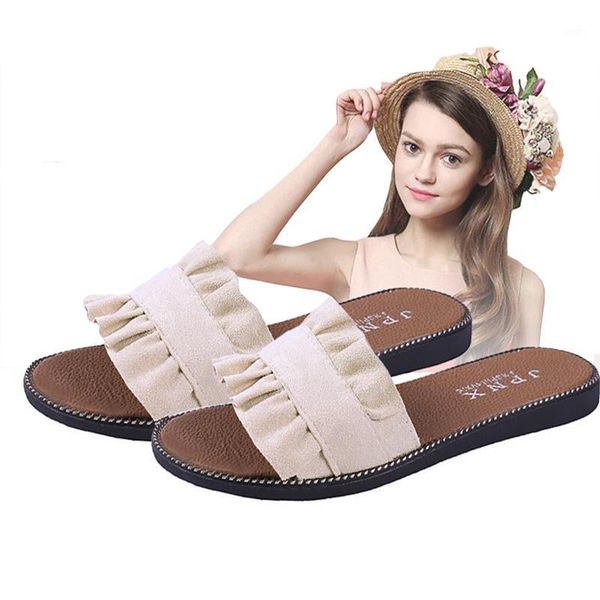 

slippers 2021 spring and summer cloth cover women's shoes ruffled casual beach female sandals flat bottom flip1, Black