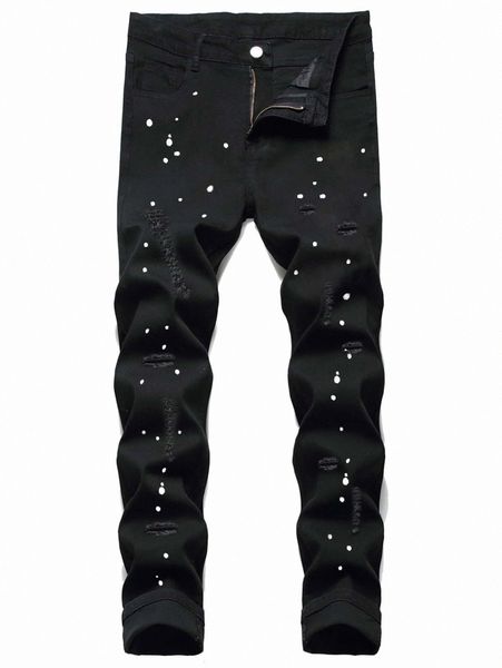 

romwe guys graffiti print ripped jeans 38pm#, Blue