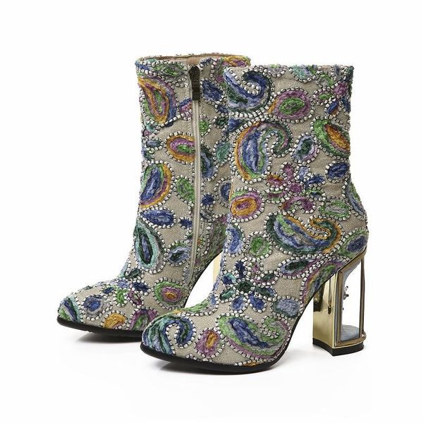 

ethnic women ankle boots birdcage chunky high heels 10cm embroidery botas mujer handmade female autumn boots, Black