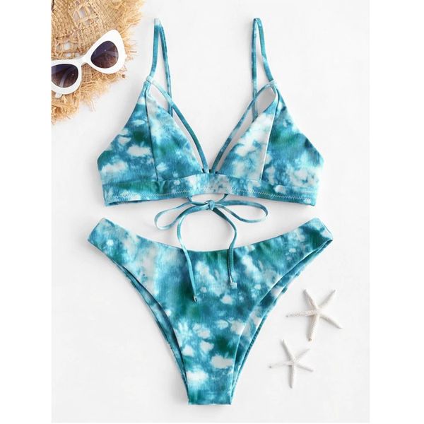 

tie-dye lace up high cut leg halter bikini set two piece swimsuit brazilian micro bandage swim wear new, Black;white