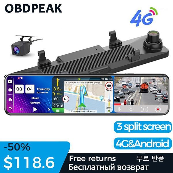 

4g gps navi 12 inch car rearview mirror stream media android 8.1dash cam dual 1080p camera car dvr adas 3 split screen 2g+32g1