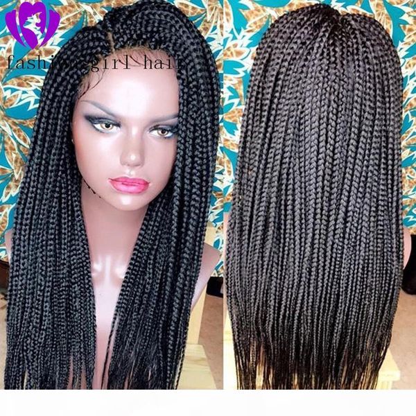 

13x4 black heat resistant fiber hair braided wigs synthetic lace front wig with baby hair box braids wigs for women, Black;brown