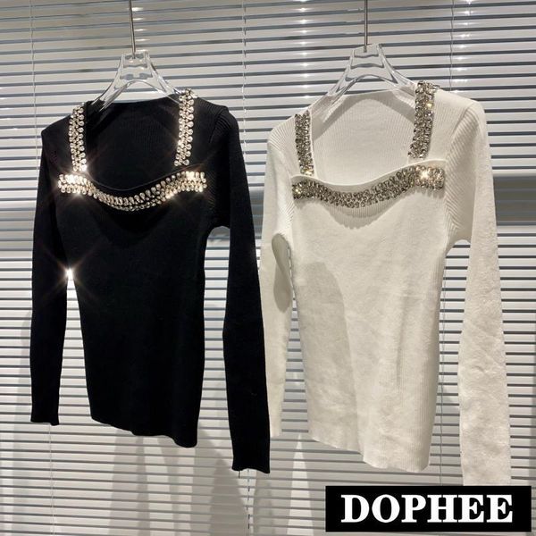 

women's sweaters 2021 autumn crystal beaded edge square collar knitted shirt elastic slim knit sweater women base knitwear, White;black