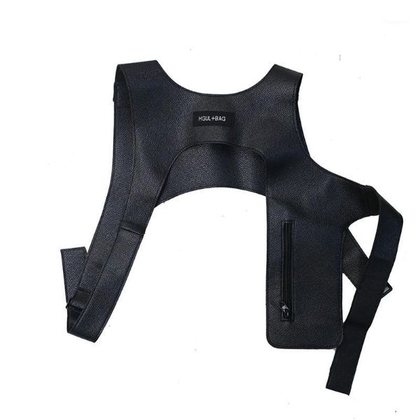

pu waistcoat tactical vest fashion leather chest bag with zipper outdoor street wear backpack holster bag1, Gray;blue