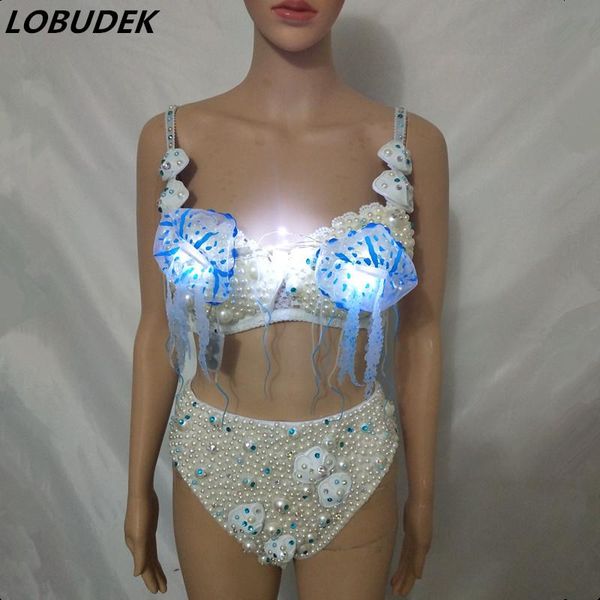 

stage wear women led dance costume white pearl rhinestones bikini 2-piece set bar nightclub dj singer dancer outfit show, Black;red