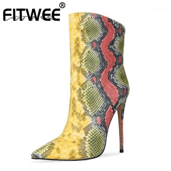 

boots fitwee women ankle shoes stiletto heel pointed toe snakeskin mixed color slip on ladies footwear size 34-451, Black