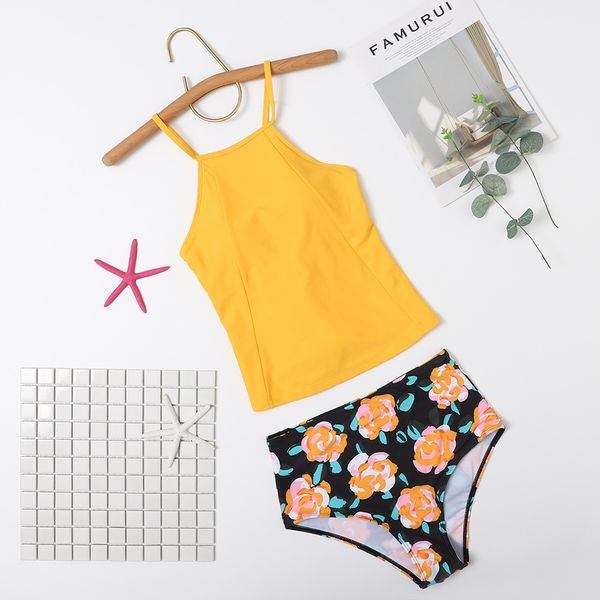 

2021 new yellow drawstring print split bikini swimsuit, White;black