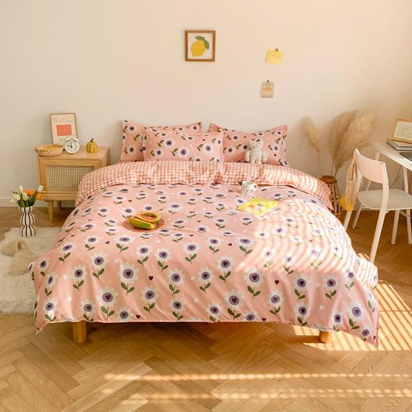 

bedding sets pink flowers girls quilt cover pillowcase bed flat sheets green duvet twin full single king bedclothes