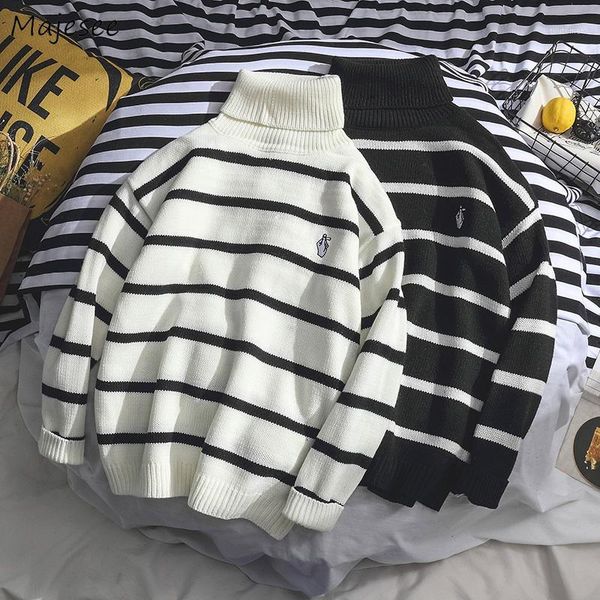 

men sweaters striped leisure simple all-match daily sweater mens winter thicker solid knitting warm black white basic clothes1, White;black