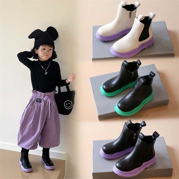 Meninas Color Botten Martin Botas Outono Crianças Estilo Britânico Meninos Curtos Candy Tênis De Couro Soled 211227