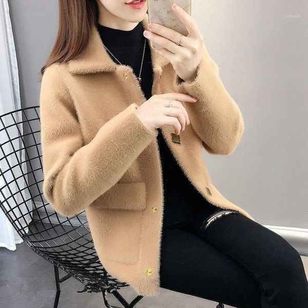 

lmitation mink wool ladies plush teddy coat winter jackets women veste femme 2020 turn down collar chaquetas de mujer outwears1, Black