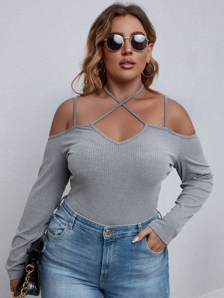 

plus crisscross tie back cold shoulder tee n4rj#, Black