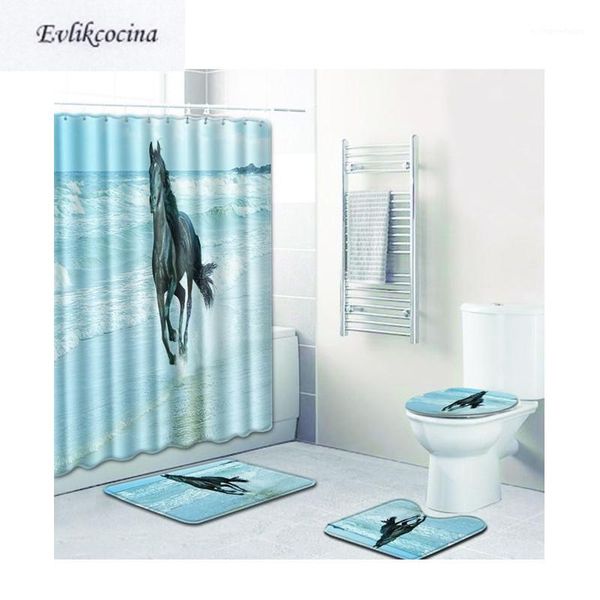 

4pcs sea horse running banyo bath mats set anti slip bathroom tapete banheiro washable toilet rugs alfombra bano1